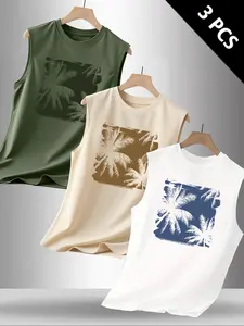Men's Summer Casual Sleeveless Vest, Tropical Coconut Tree Graphic Print, Outdoor Sports Wear, Daily Versatile, 3 Pack, Fitted Style, No Zipper