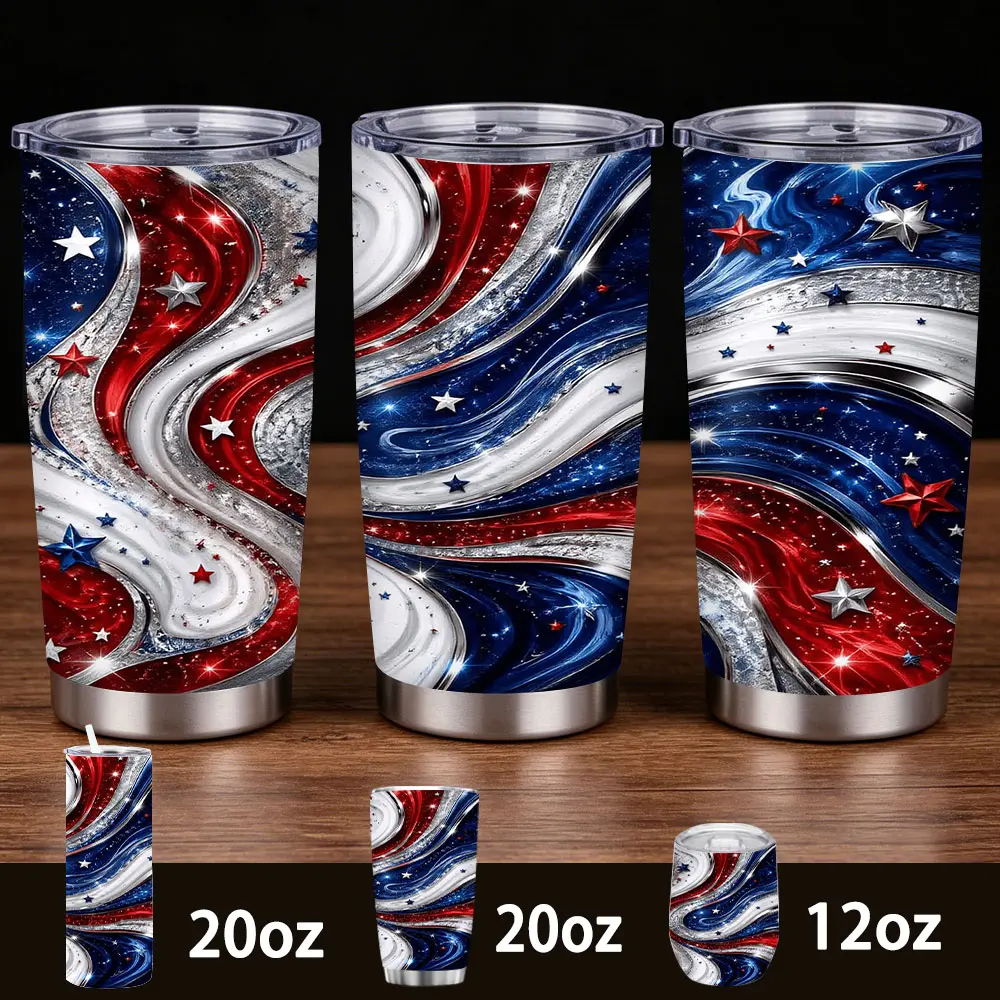 Patriotic Cylindrical Stainless Steel Insulated Tumbler - Red White Blue Swirled Stars, Glittery American Flag Design, 12/20oz, Cold/Hot Retention for Hours, USA Holiday Gift (Kitchenware Drinkware Vacuum Flask)