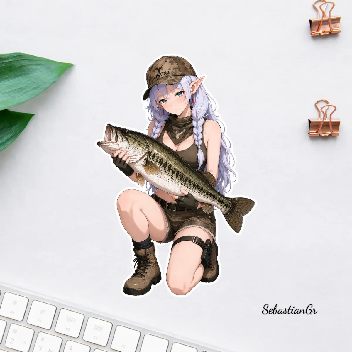 Anime Elf Angler Sticker, Bass Fishing Vinyl Decal, Cute Fisher Girl Waterproof Laptop Water Bottle Sticker