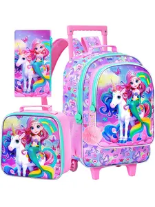 3PCS Unicorn Rolling Backpack Set for Girls, Unicorn Design Cute Dance Unicorn Kids Wheeled Backpack with Insulated Lunch Bag and Pencil Pouch, Lightweight School Travel Backpack for Young Girls
