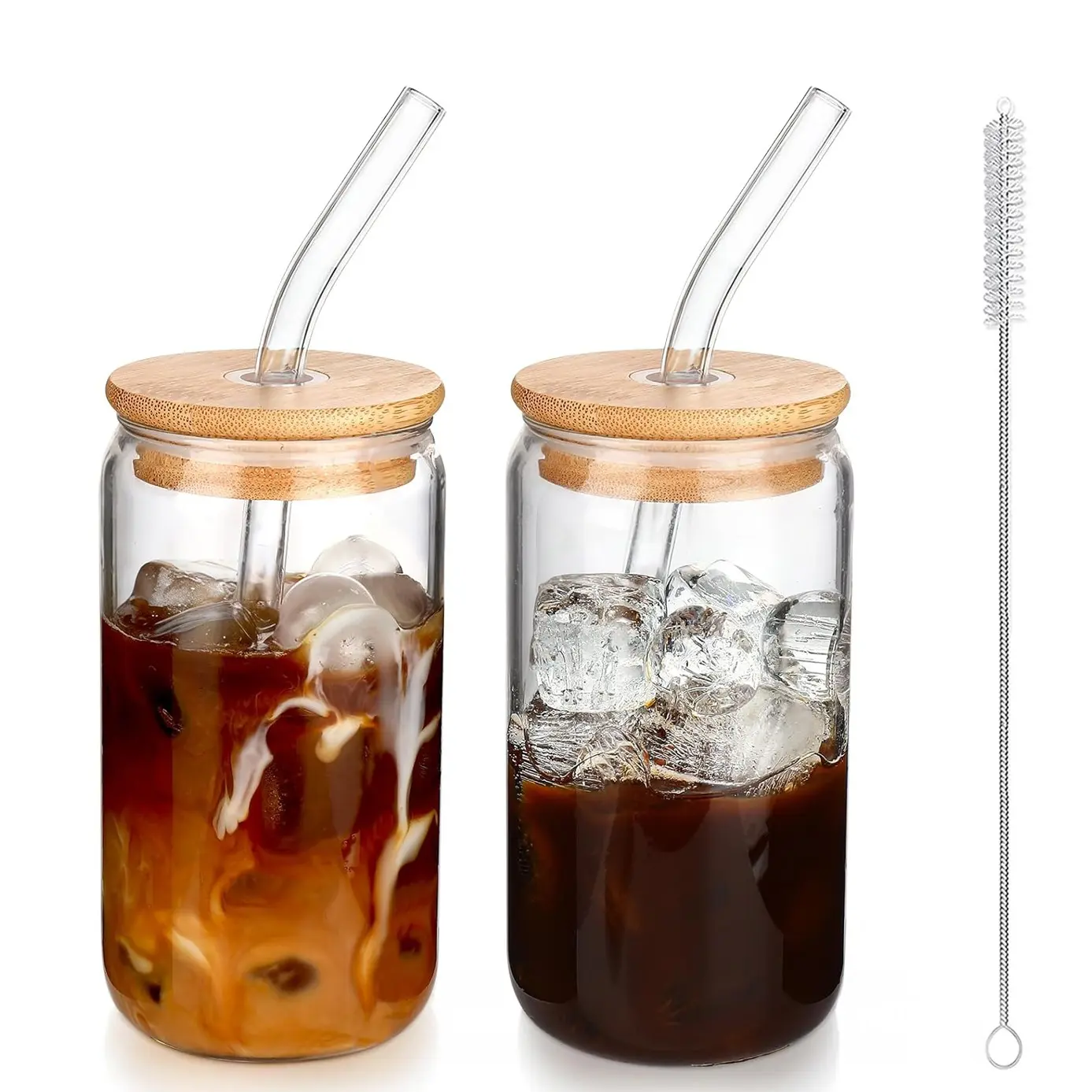 2-Piece Glass Coca-Cola Cup Set with Bamboo Lid and Straw, Reusable Coffee Mug, Tea Cup, Gift for Coffee Bar Accessories, Glass Tumbler Set, Drinkware, Glass Cups