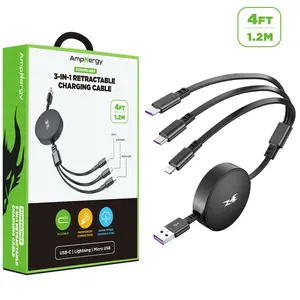 AmpNergy PowerLines 3-in-1 Retractable Charging Cable - 4FT, Black, Mobile Phone Accessory for Phones & Electronics