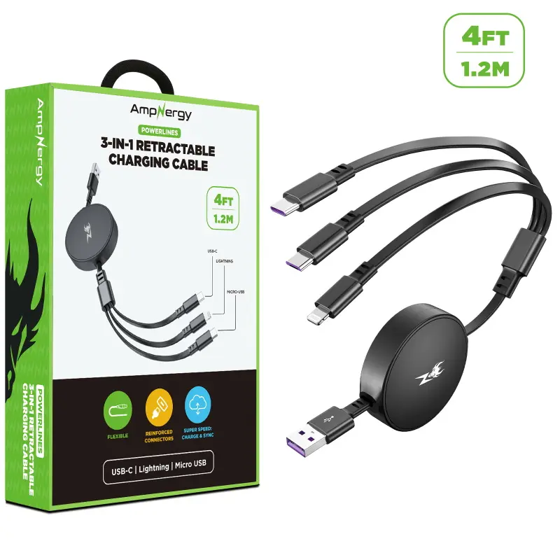 AmpNergy PowerLines 3-in-1 Retractable Charging Cable - 4FT, Black, Multi-Device Charging, Stable Connection, Mobile Phone Accessory for Smartphones, Charger