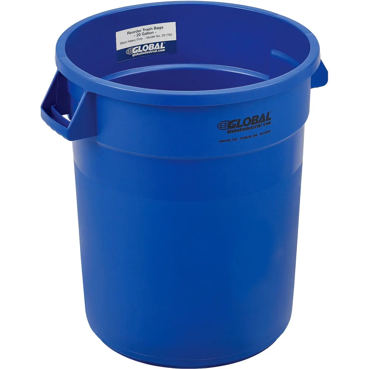 Global Industrial 240458BL Durable Round Plastic Indoor/Outdoor Storage Waste & Recycling Bin - 20 gal, Blue Polyethylene, Open Top, Reinforced Rim, Dual Grip Handles, 19 in Diameter, Home Cleaning Utility Bin