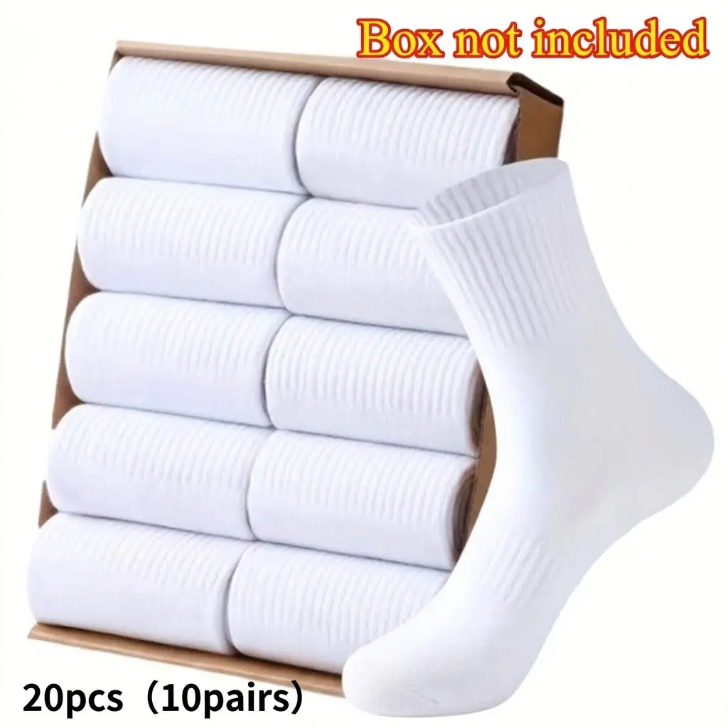 Men's 10 Pairs Solid Crew Socks, Unisex Fit Elastic Ribbed Mid-Calf Plain Socks, Breathable Bulk Pack Socks for Casual & Work