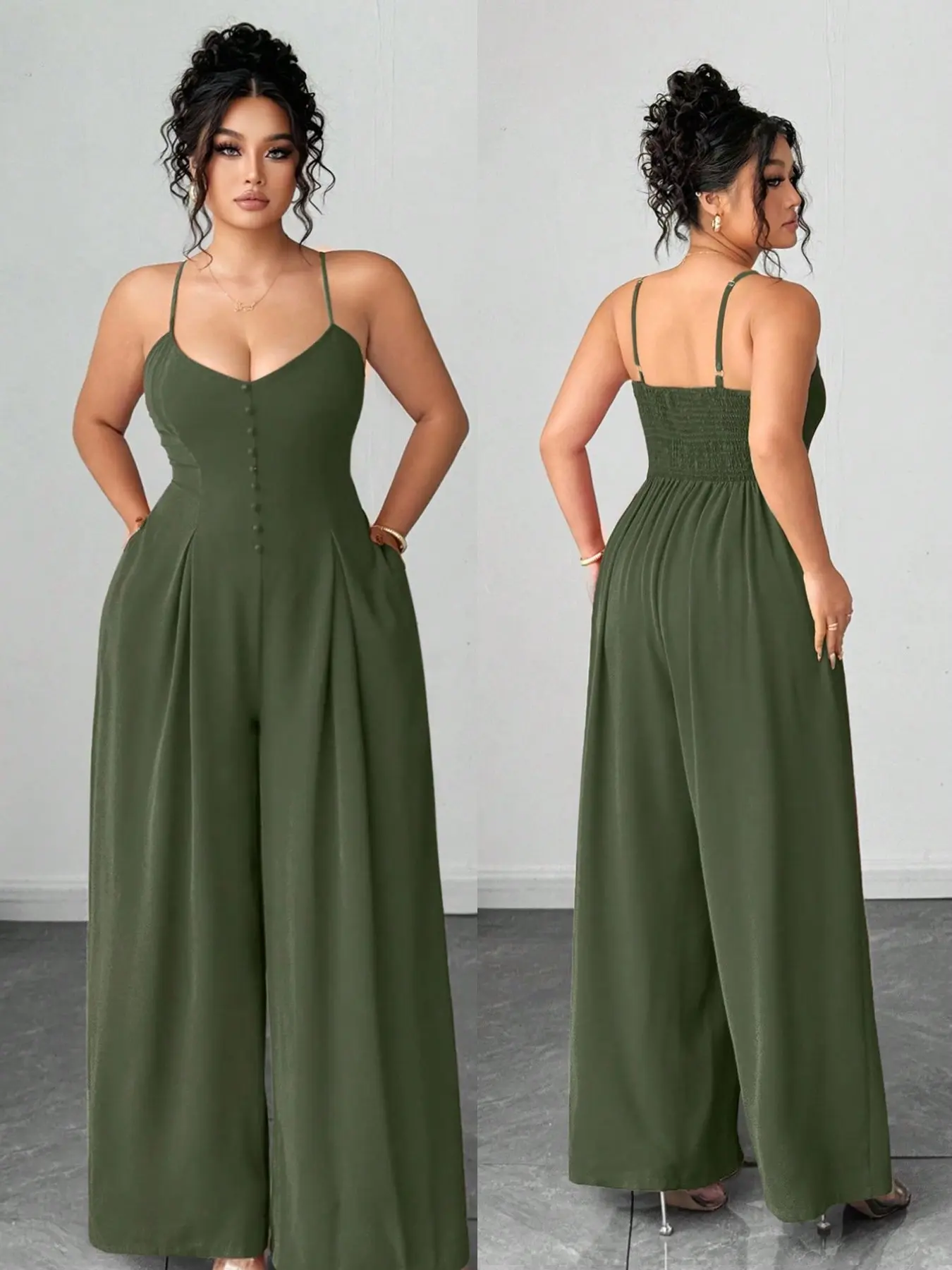 Elegant Casual Plus-Size Women's Spring-Summer Wide-Leg Jumpsuit with Adjustable Button Shoulder Straps and Pleated Waist Womenswear