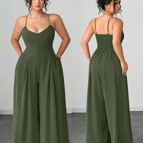 Elegant Casual Plus-Size Women's Spring-Summer Wide-Leg Fit Jumpsuit with Adjustable Button Shoulder Straps and Pleated Waist Womenswear