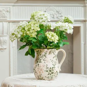 TEWEIQI Rustic Green Floral Ceramic Vase, Chinoiserie Pitcher Vase for Living Room & Office Decor, 6" or 8" Height