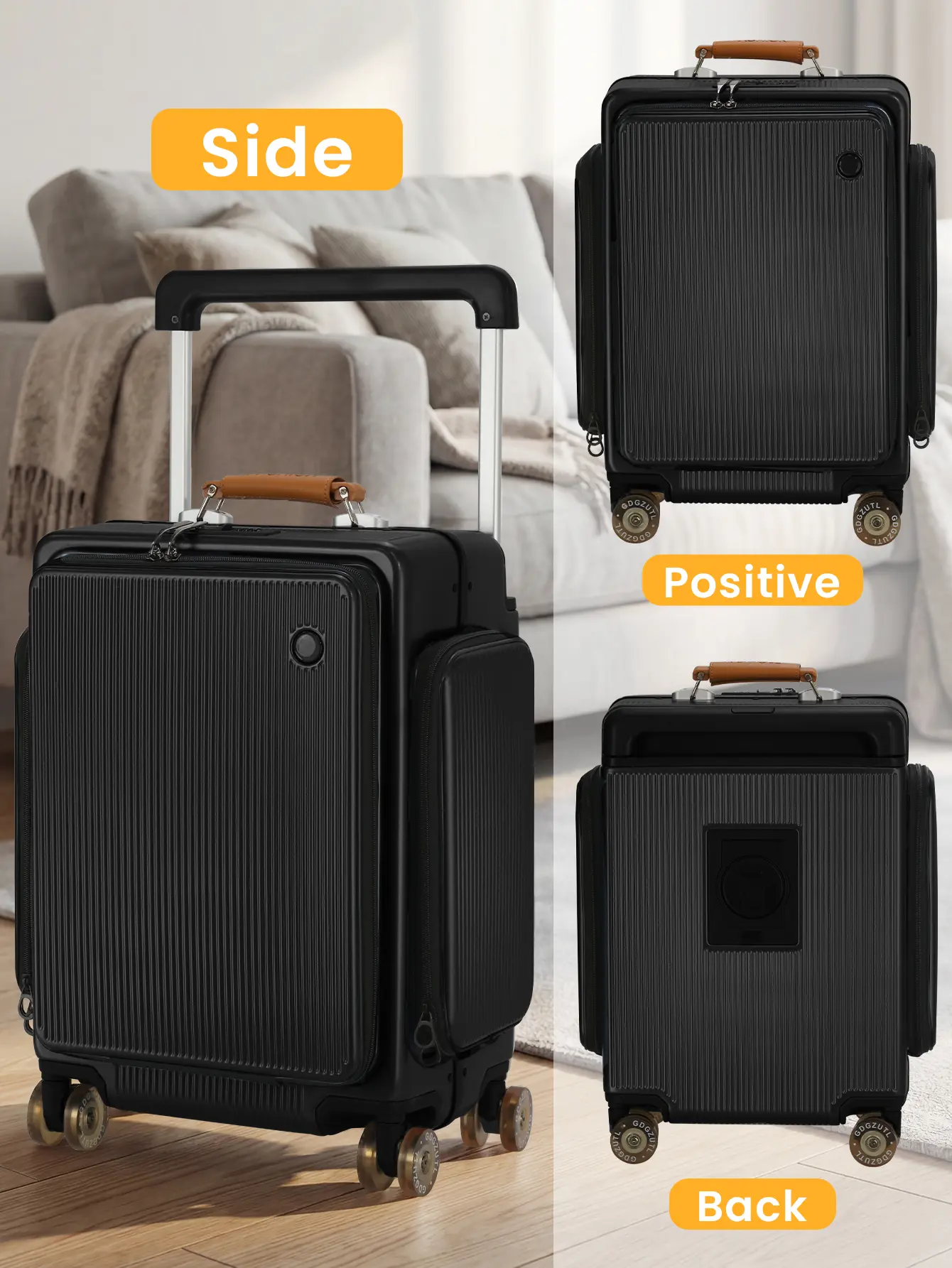 Lightweight Carry-On Luggage Set - Front-Open Hard-Shell Suitcase with 14" Laptop Compartment, Foldable Cup Holder, Dual Side Pockets, Aluminum Frame, TSA Lock, 1-Button Removable Wheels, Buckle, Mesh, PU Leather, Anti-Theft (Piano Black)