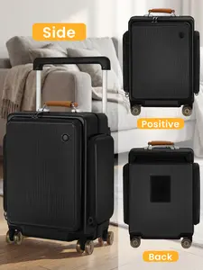 Carry-On Suitcase - Front-Open Hard-Shell Travel Bag with14" Laptop Compartment, Foldable Cup Holder & Dual SidePockets, Aluminum Frame, TSA Lock (Piano Black) One-Button Removable Wheels Luggage