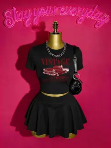 Y2K Retro Matching Crop Top & Skirt Set | Vintage Car Graphic Tee | Black Aesthetic Chic Outfit for Women | Streetwear & Casual Style Everyday | Perfect for Spring & Summer | Shop Now 🖤 Womenswear