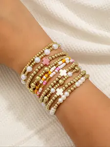 Boho Style Soft Clay Cross Beaded Bracelet Set, Stackable Bracelets, Multi-Layer Rice Beads Women's Handmade Jewelry, Fashion Accessory Pack