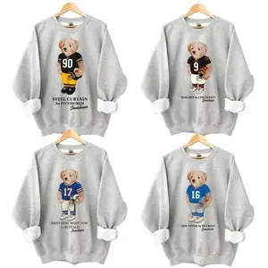 Teddy Bear Football All Team Graphic Ash Grey Sweatshirt, Pullover Vintage Sport Varsity Crewneck, Custom Football Sweatshirt with Teddy Bear 1