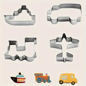 4pcs, Transportation Vehicle Cookie Cutters, Bus Train Ship Plane Pastry Cutter, Biscuit Molds, Baking Tools, Baking Supplies, Bakeware, Kitchen Accessories
