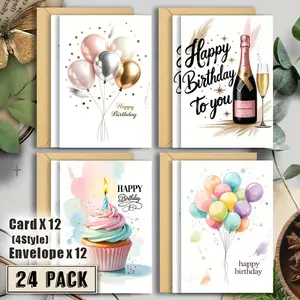 24pcs Birthday Greeting Cards with Envelopes, Watercolor Balloons & Happy Birthday Cake Design, Perfect for Any Occasion