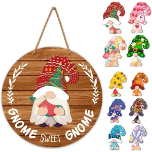 Interchangeable Gnome Welcome Sign Christmas Door Decorations, Changeable Seasonal Front Porch Decor Wall Hanging Wood Wreath Gnomes Gifts for Spring Summer Fall Winter All Seasons Holiday (21 Pcs)