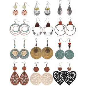 THUNARAZ 12 Pairs Retro Geometric Teardrop Round Wooden Earrings Boho Vintage Dangle Earrings Set for Women Ethnic Bohemian Star Sunflower Earrings Christmas Earrings Jewelry Set for Festivals Cool Parties Daily Outings Christmas Gift