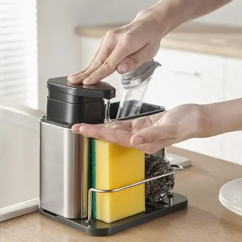 3-in-1 Rustproof Kitchen Sink Press-Type Dishwashing Dispenser - Table Mount Durable Unit with Easy Access Pump, Sponge Holder, Secure Storage, Induction Compatible Feature for Busy Kitchens, Casual Home Use