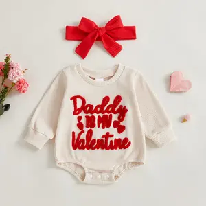 2Pcs Infant Baby Girl Valentine's Outfit Long Sleeve Daddy is My Valentine Embroidery Bubble Romper and Headband Set Spring 0-18 Months