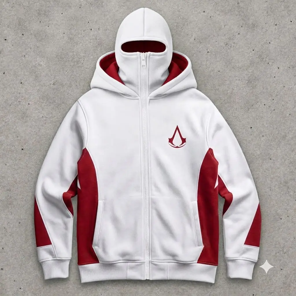 White Red Assassin Crest Full Zip Hoodie Balaclava Face Mask Jacket Oversized Gamer Streetwear Fleece Hoodie Zio