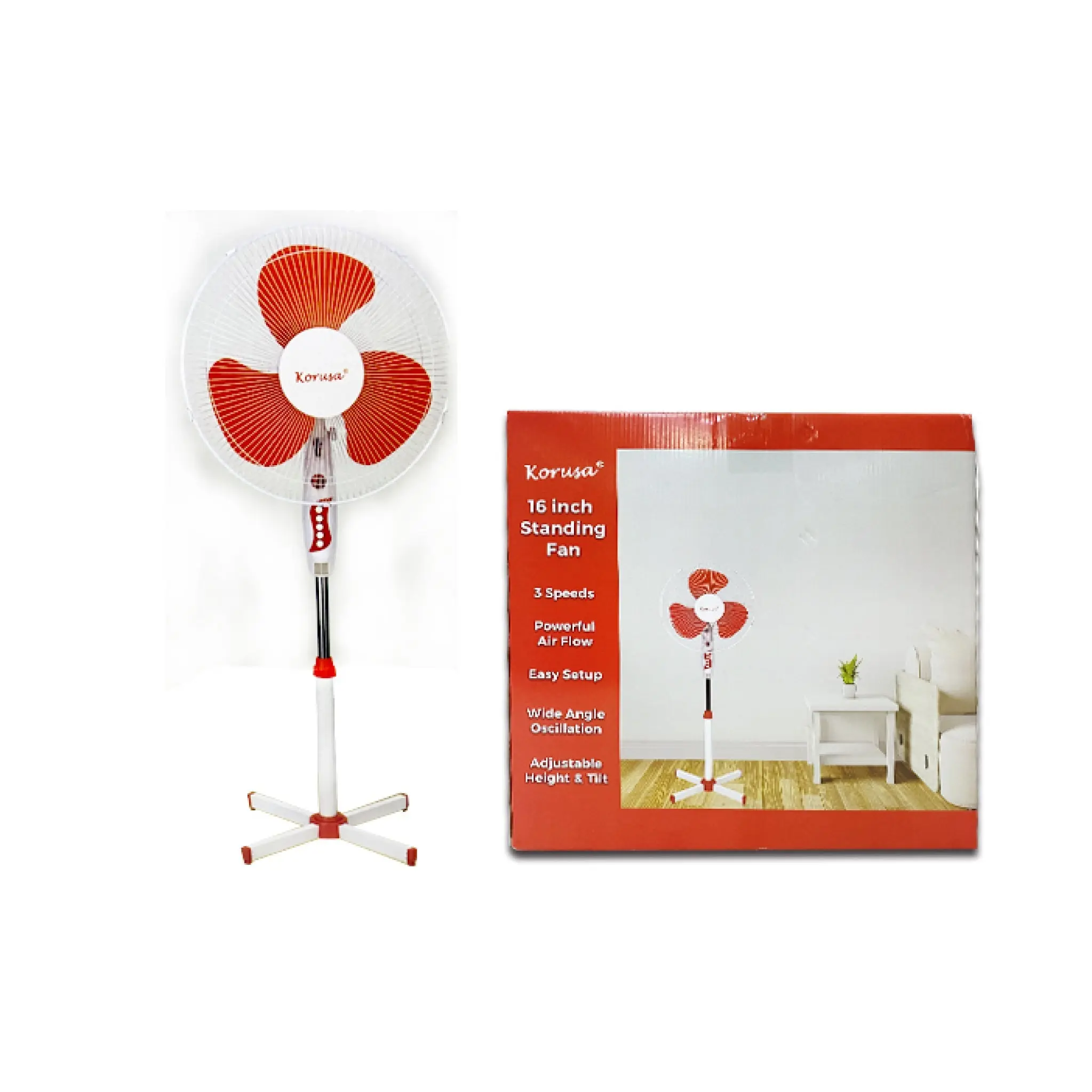 Korusa 16" Stand Fan - Vibrant Orange, 3 Speeds, Adjustable Height