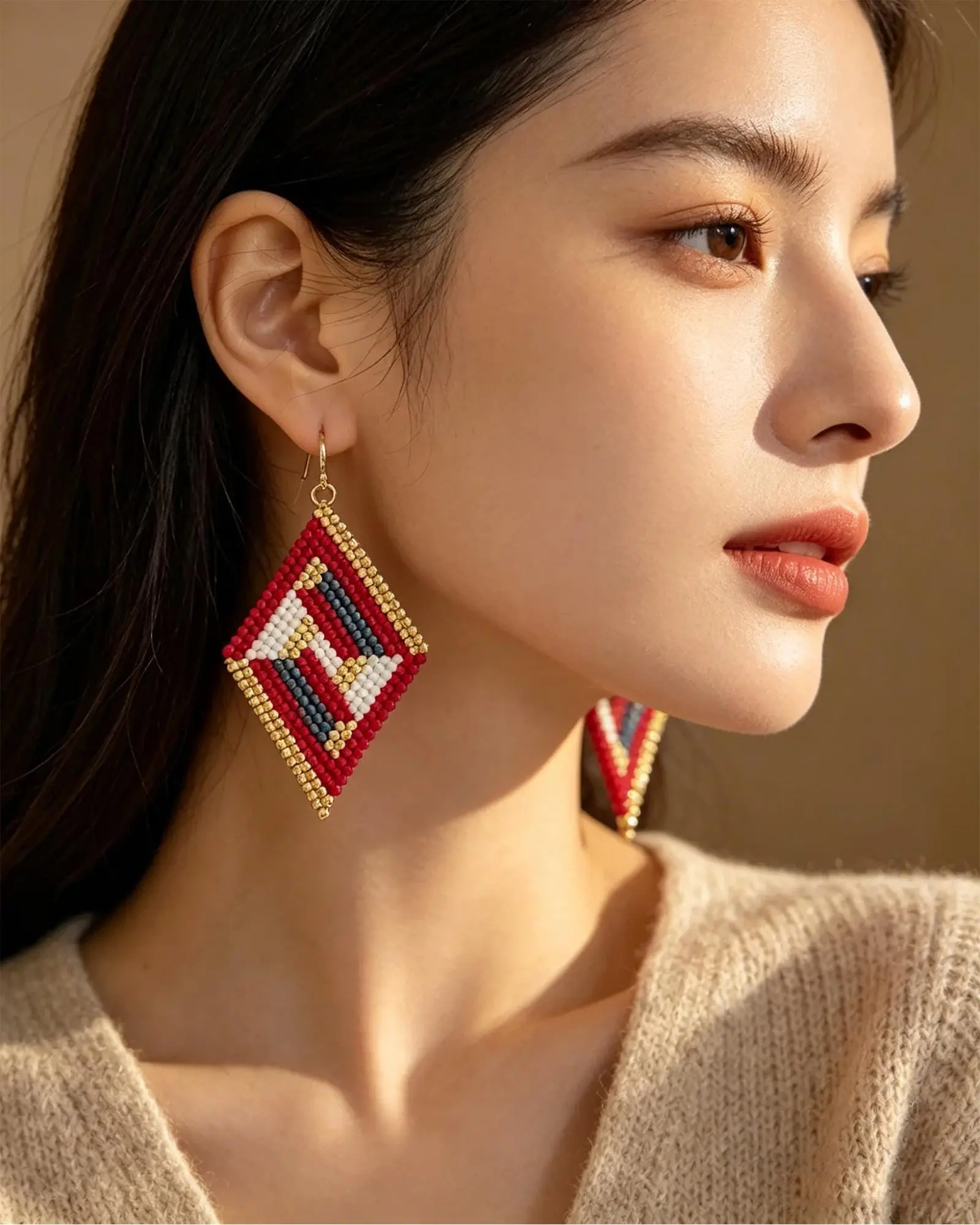 Red Gold Geometric Beaded Drop Earrings Boho Statement