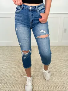 Risen Kaia Distressed High Rise Medium Wash Capris