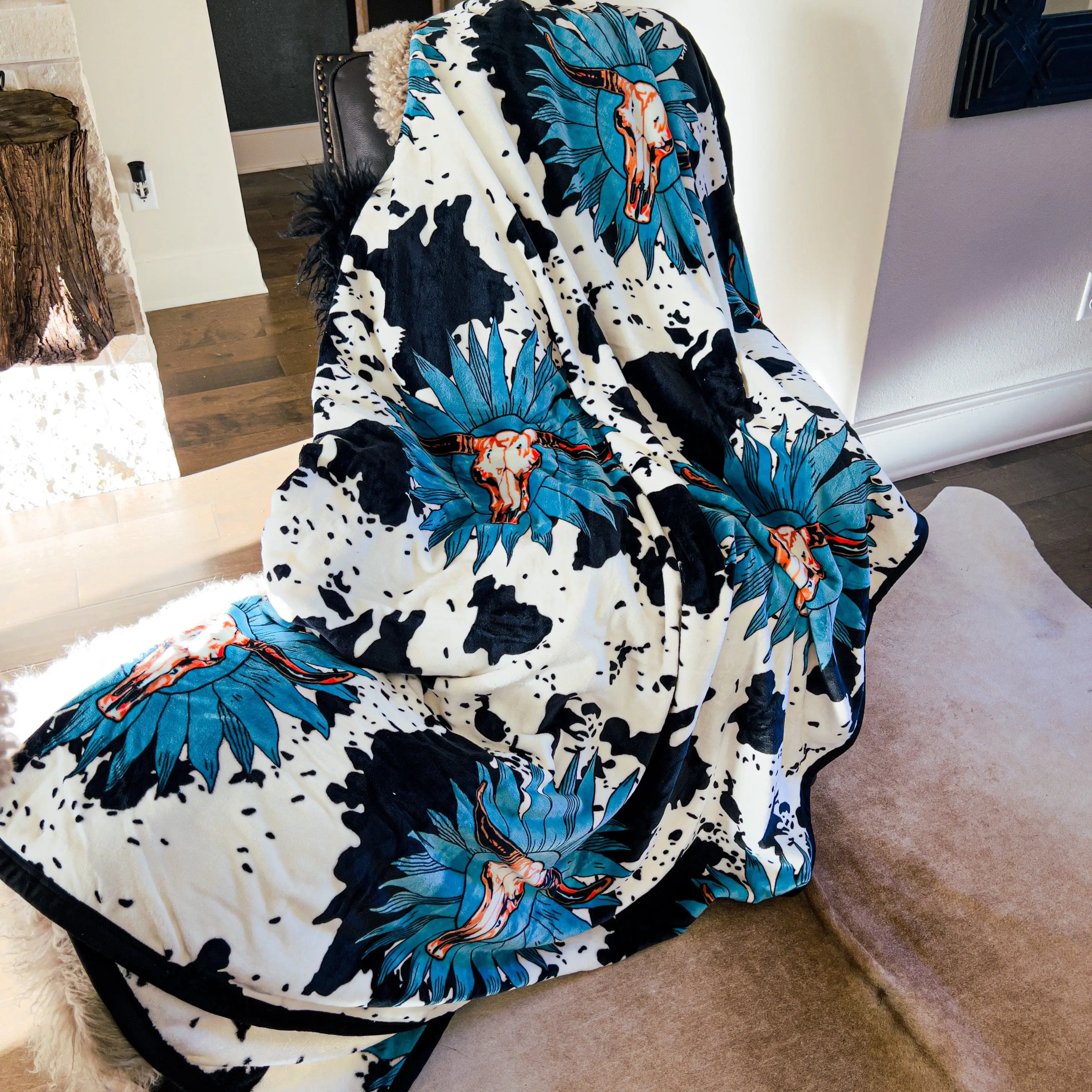 Z Turquoise Sunflower Cowskull Oversized Blanket 82"x90