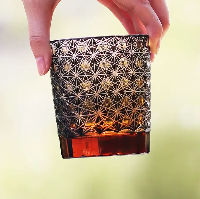 Muti-color Japanese Style Rock Hand Engraved Cased Glass Cup for Souvenir Wedding Gift 250ml