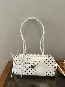 Women's Fashion Polka Dot Bag, Classic French Bread Bag with Dual Handles, Zip Closure and Bow Decor, Perfect for Daily Use, Shopping, Commuting