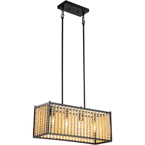 4 Lights Boho Ceiling Light, Adjustable Height Wood Bead Chandelier Pendant Lamp Farmhouse Ceiling Light Hanging Fixture for Living Room Bedroom Kitchen Restaurant