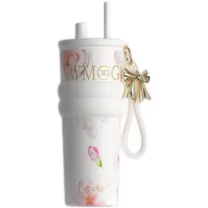 Travel Tumbler 24 oz Stainless Steel Tumbler with Lid and Straw, Insulated Ceramic-coated inner pot Coffee Mug, Leak Proof, Portable Iced Travel Water Bottle, Reusable Thermal Coffee Cup(white)