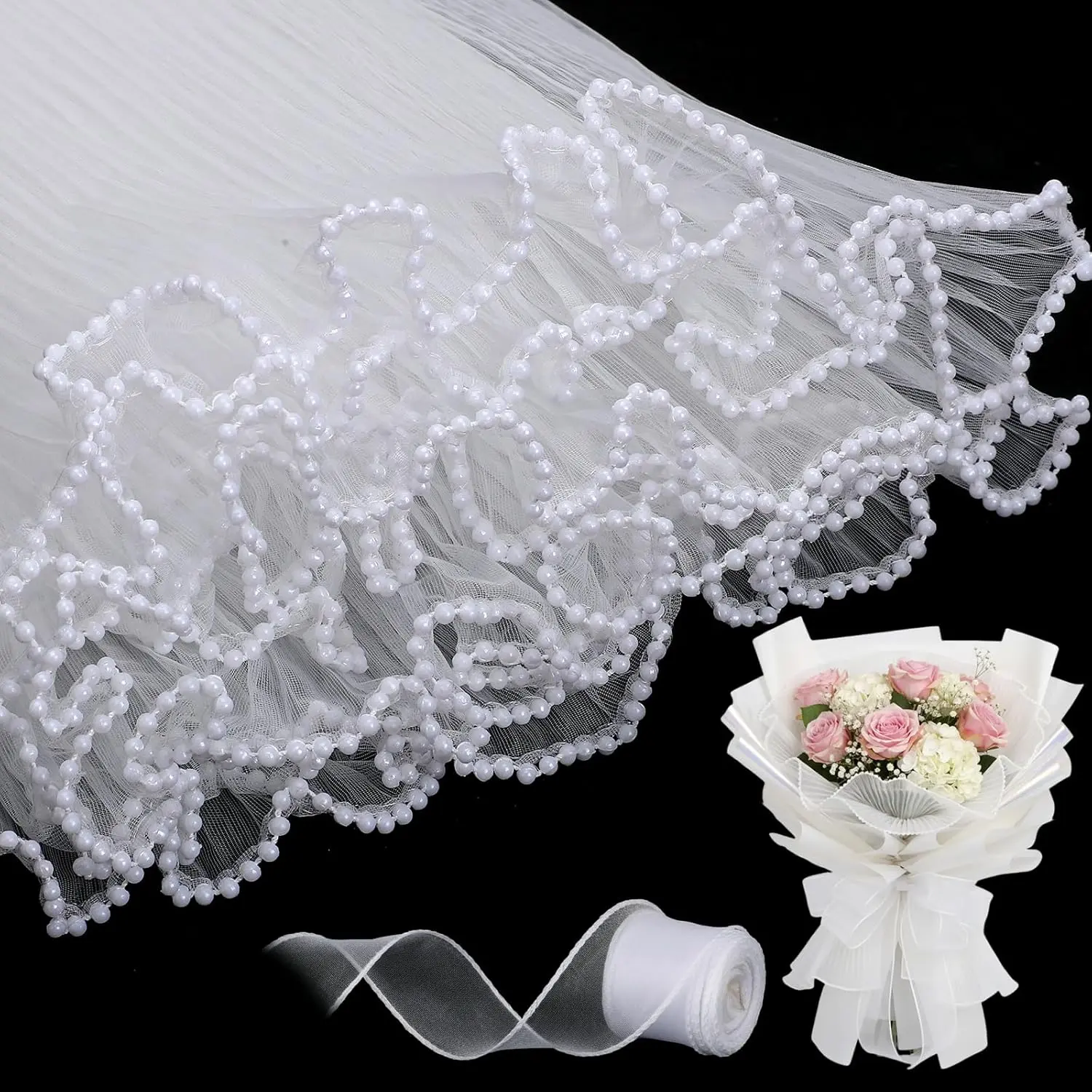4.37 Yards White Flower Bouquet Wrapping Paper with 10 Yards White Ribbon,  Edge Wrinkled Floral Wrapping Mesh Paper for Graduate Florist Supplies Wedding Party Favor Decor