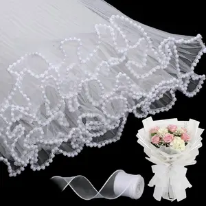 4.37 Yards White Flower Bouquet Wrapping Paper with 10 Yards White Ribbon,  Edge Wrinkled Floral Wrapping Mesh Paper for Graduate Florist Supplies Wedding Party Favor Decor