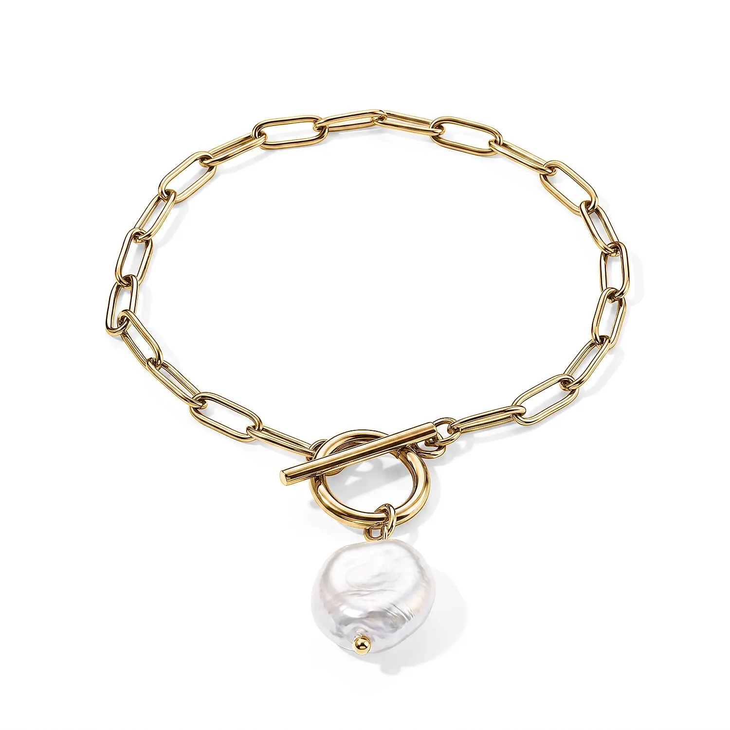 White Shell Pearl Bracelet in ION PlatedYG Stainless Steel (7.50-9.50In)