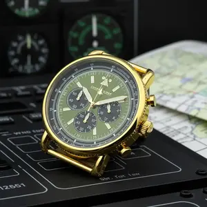 Invicta Chase Durer Men's 44MM Gold-Tone Flight Aviator Analog Watch - Green Dial Chronograph, Tachymeter Scale for Speed Calculation, 30M - 50M Water Resistance, 12 Months Default Warranty, Clasp Closure, Fashion Men's Watch Accessory
