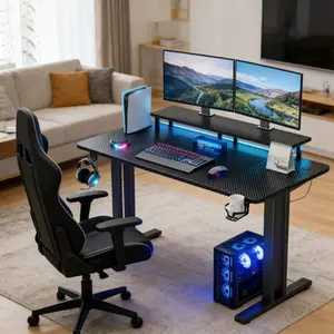 Gaming Desk with Monitor Stand & APP LED Lights (6000+ Colors), 3 AC+2 USB Ports, US B Plug 110-127V for Home