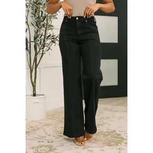 Judy Blue High Waist Retro Wide Leg Jeans in Black 881057, Stretchy Cotton Denim Womenswear Bottom, 33" Tall Inseam, Non Distressed, Business Casual