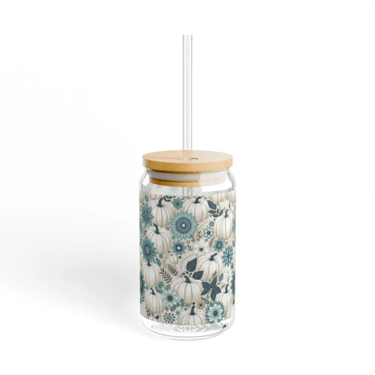 Sipper Glass, Fall Pumpkins and Blue Florals, Autumn Drinkware, 16oz Tumbler, Thanksgiving Gift, Harvest Glassware, Halloween Decor,