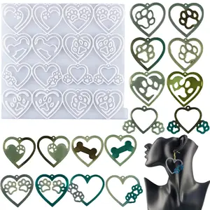 High-Quality Resin Silicone Mold Set, 16-Piece Heart Dog Paw Earring Molds for DIY Jewelry Making, Perfect for Crafting Pendants & Charms