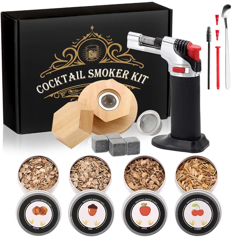 Cocktail Smoker Kit with Torch(No Butane) – 4 Wood Chip Flavors – Whiskey & Bourbon Smoker Infuser, Perfect Gift for Men, Fathers, and Husbands