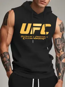 Men's Ufc Gold Logo Sleeveless Hoodie, Mma Championship Theme Sports Hooded Vest, High Performance Training & Fitness Top