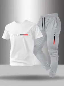 Men's Two-Piece Short Sleeve T-Shirt and Long Pants Set, Paris Pattern Print Round Neck, Drawstring Casual Sportswear, Spring Summer Outdoor, Streetwear Tracksuit Set
