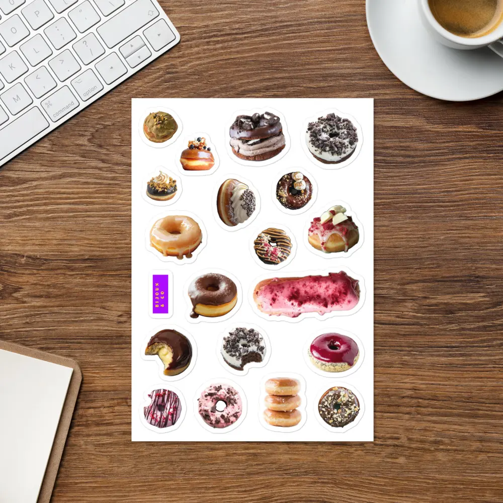 Assorted Doughnuts Dozens Sticker Sheet - Assorted Cookie Designs for Doughnut Lovers Decor Decorative Glossy Border Ornaments Vinyl for your journal