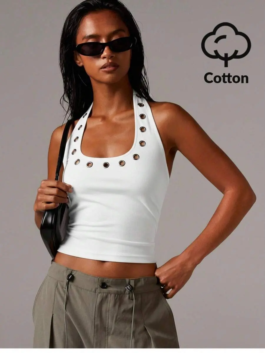 Athîral Women's White Metal-Eyelet Halter Top,Summer Punk Night Street-Chic Slim Fit Square Neck Sleeveless Cropped Tank Tops,Smooth Stretch Knit Grommet Top