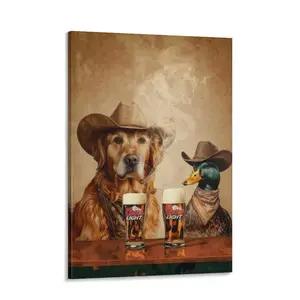Funny Cowboy Dog & Duck Canvas Print, Western Bar Wall Art, Rustic Vintage Beer Poster, Decor for Bar, Kitchen, Living Room, Man Cave, Lodge