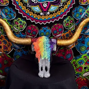 Rainbow Rhinestone Plaster Bull Skull with Lights - Decorative Ornament