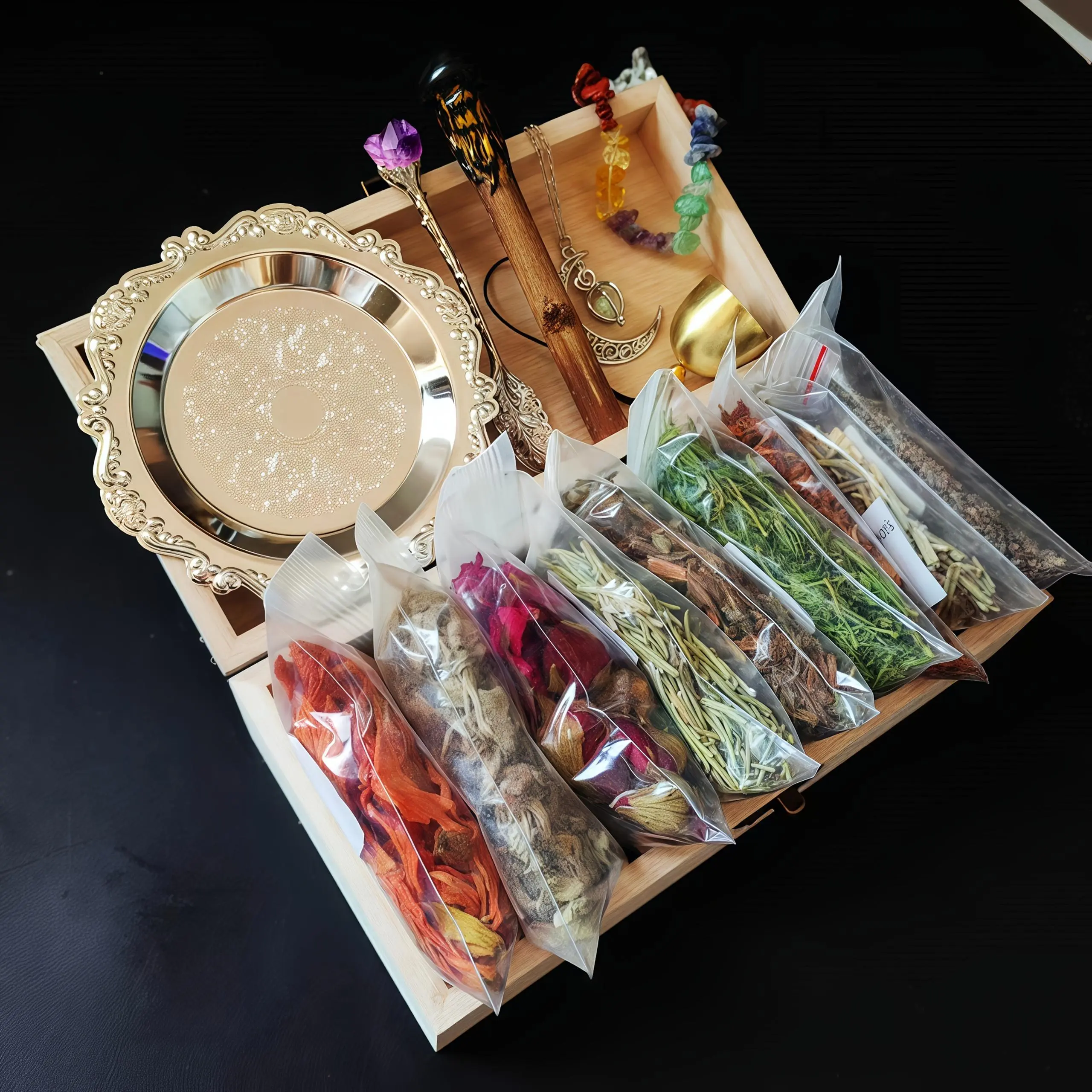 Beginner Witchcraft Starter Set with Wooden Gift Box, Genuine Loose Crystals, Dried Flowers & Herbs, Vintage Crystal Spoon, Witch Bells & Ritual Plate, Ideal for Teacher Appreciation Gifts, Halloween Decor & Pagan Altar Practice Magical Kit Metal