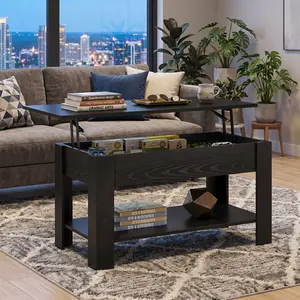 Rustic Lift Top Coffee Table, 39 Inch Multi-functional Height Adjustable Center Table with Hidden Compartment and Open Storage Shelf, WPC Sturdy Rectangle Accent Table, Space Saving Furniture for Living Room Home Office Reception Room