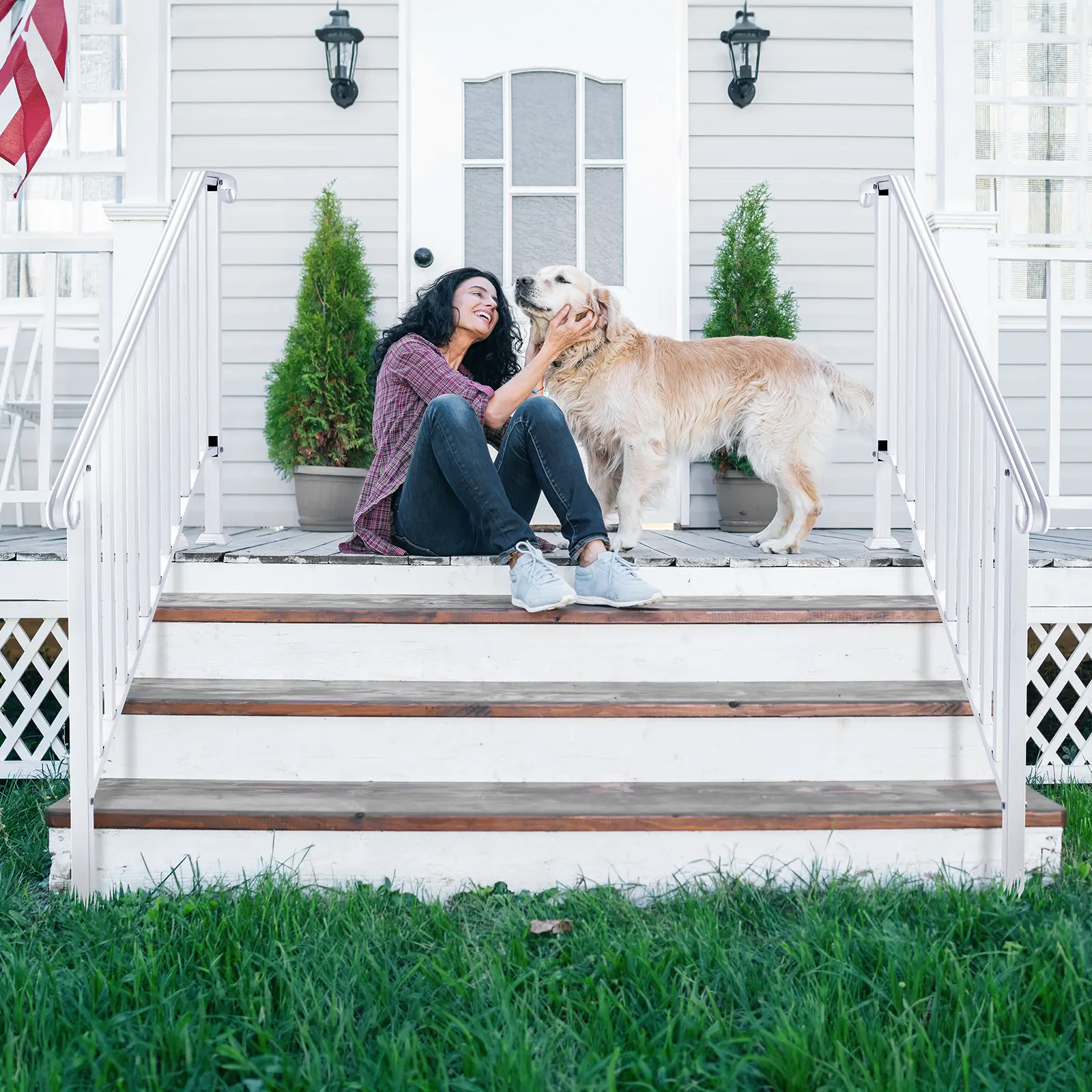 Matte white 4-step courtyard staircase handrail